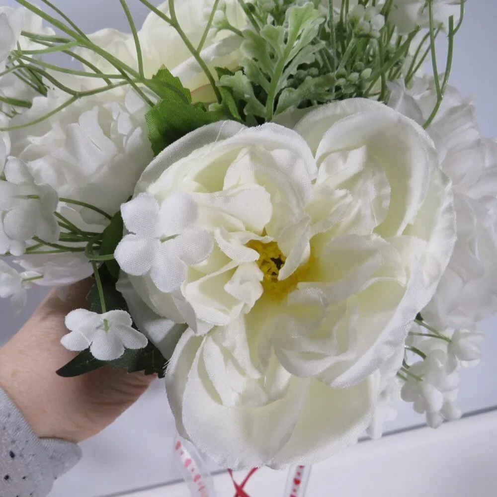 White Cabbage Roses & Verbena Hand held bouquet with heart ribbons Valentines